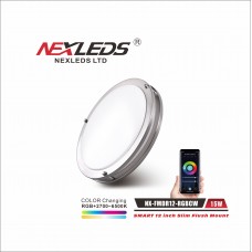 NEXLEDS - 12 inch LED Smart Slim Flush Mount - 15W - 120VAC - 1200lm - RGB+5CCT Adjustable - Brushed Nickel