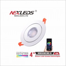 NEXLEDS - 4 inch LED Smart Gimbal Downlight - 10W - 120VAC - RGB+5CCT Switchable - 800lm - White Finish
